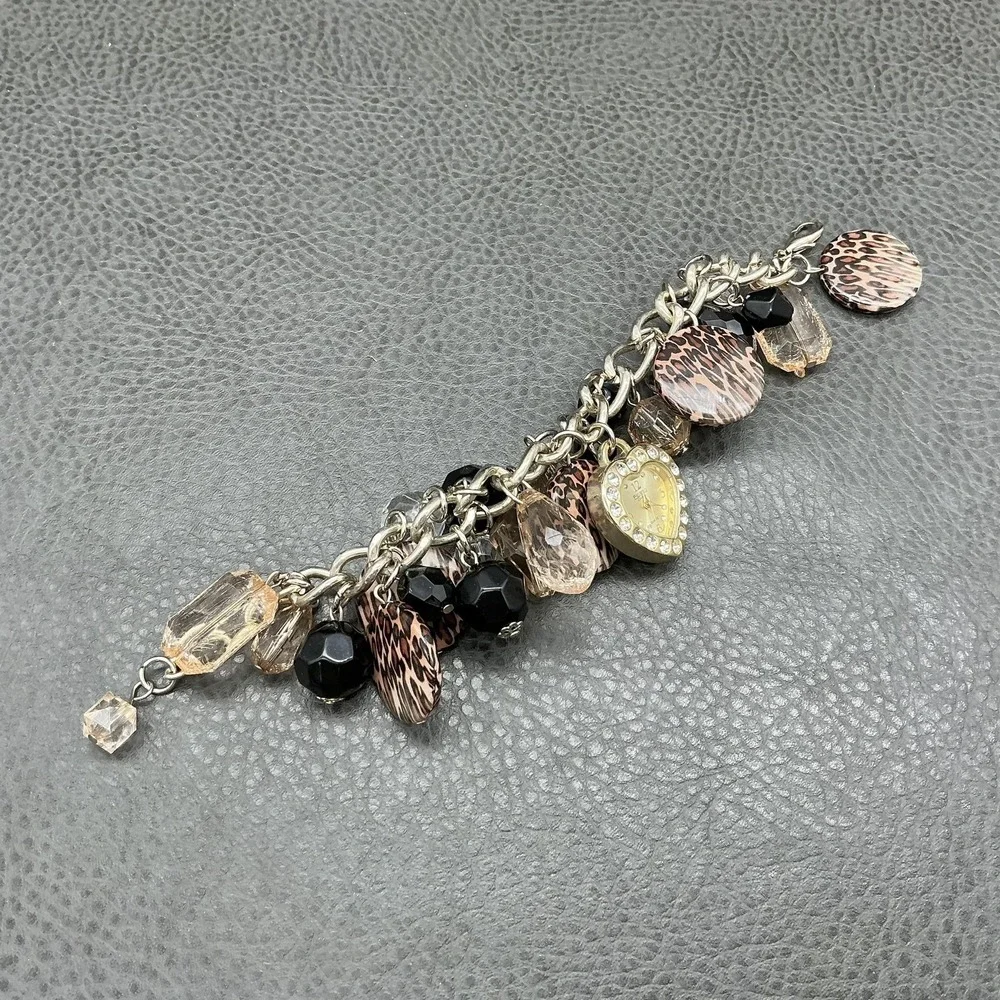 Figaro Bracelet Heart Watch Charm Leopard Bead‎ Multicolor Womens NEW BATTERY